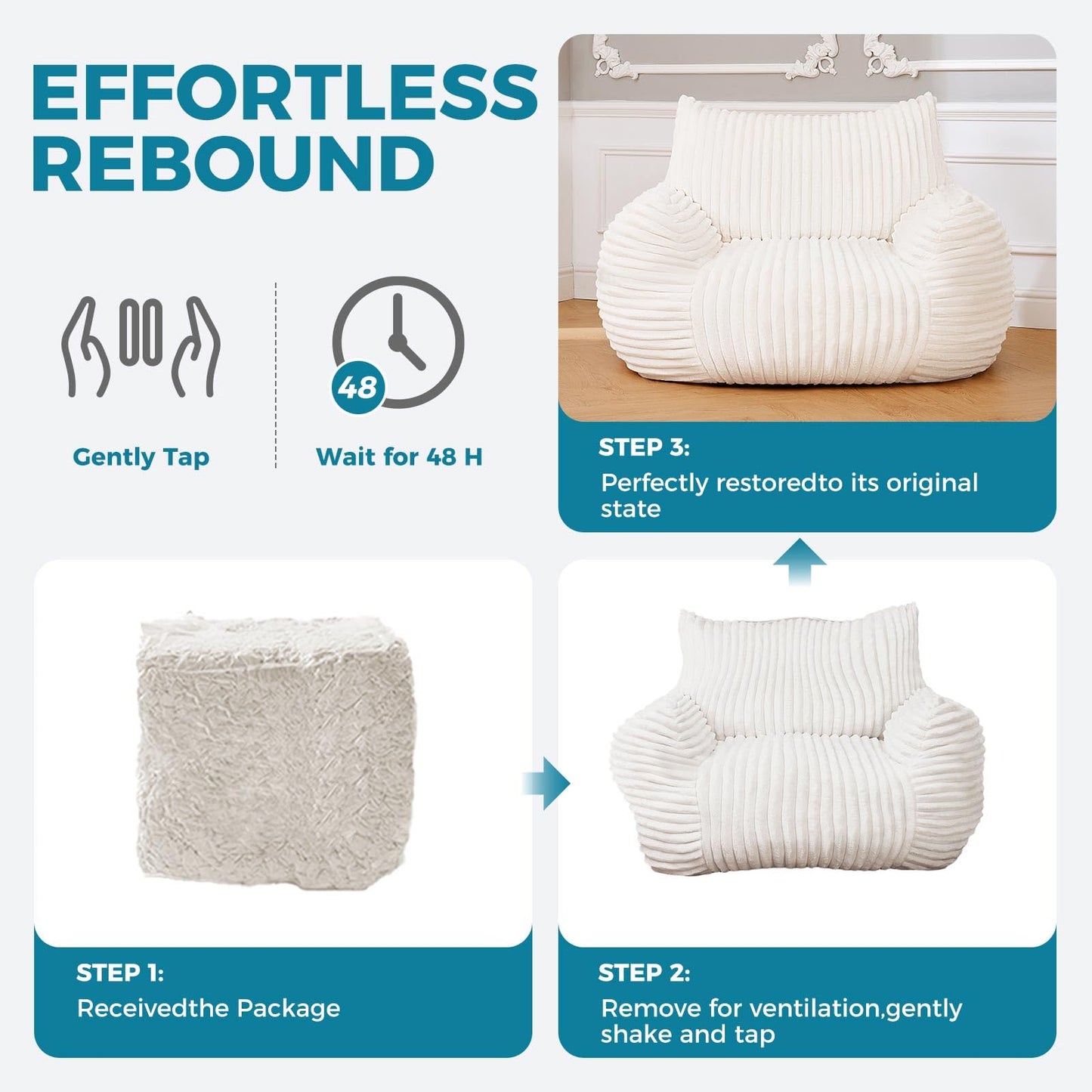 Bean Bag Chairs for Adults with Footstool,Bean Bag with Filler Included，Plush with armrests Bean Bag Chair，Floor Sofa is Suitable for Living Rooms, bedrooms,Reading (Off-White, Sofa Chair)