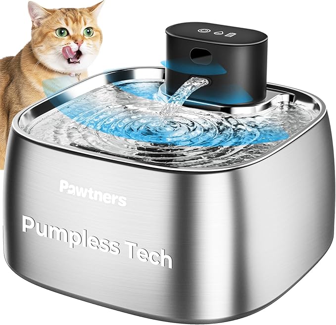 Pumpless Cat Water Fountain Stainless Steel, Automatic Cordless Cats and Dogs Water Dispenser 108oz/3.2L, Pawtners Battery...
