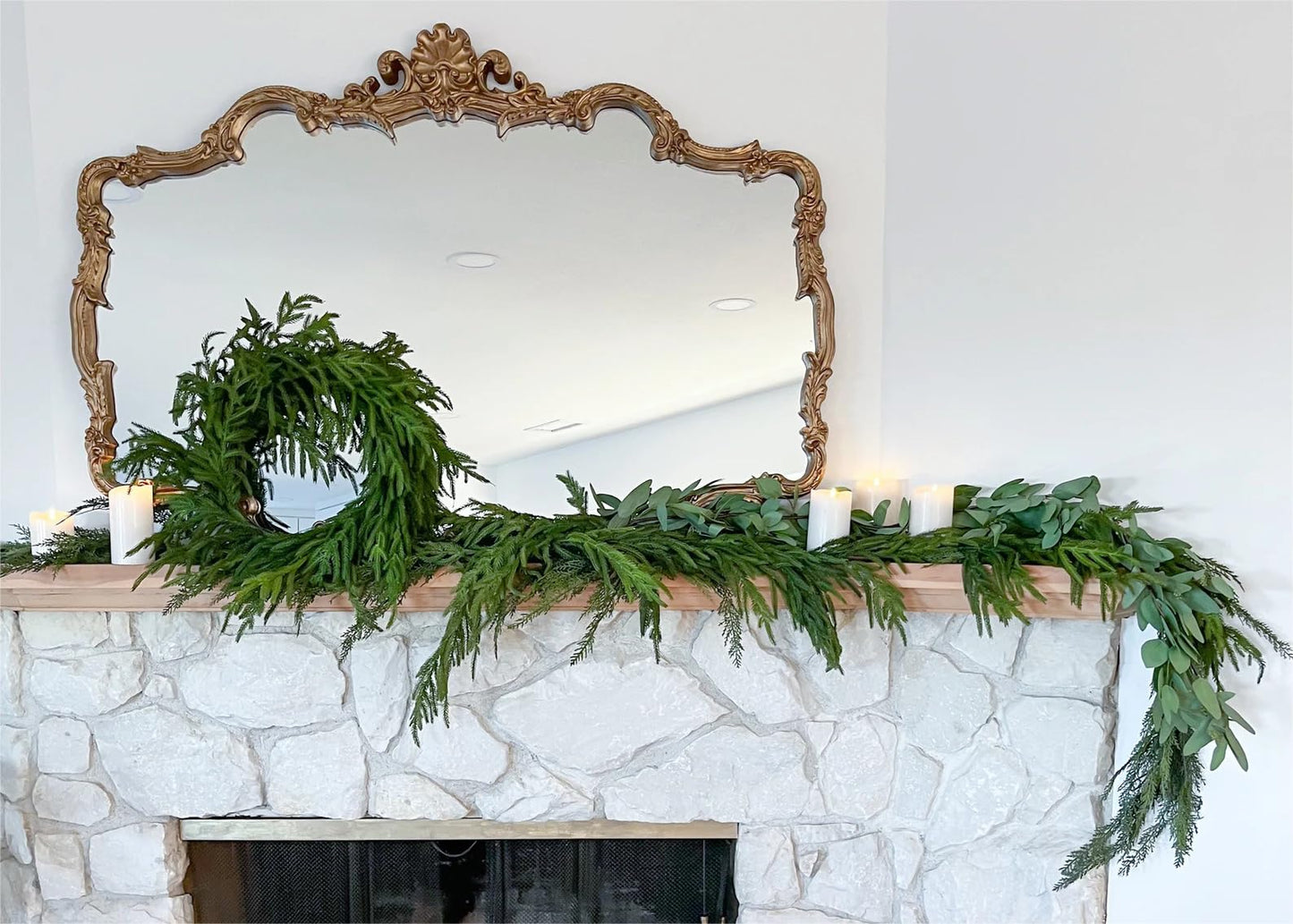 ENVEN Real Touch Norfolk Pine 22IN Green Wreath and Garland Artificial Faux Greenery Norfolk Pine for Holiday Indoor Mantle Decor (6FT)