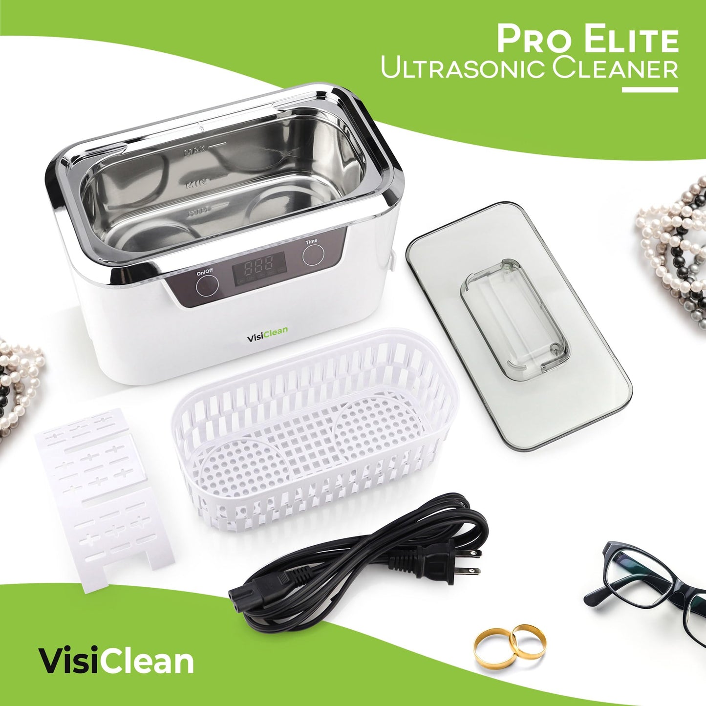 Ultrasonic Cleaner, Professional Ultrasonic Jewelry Cleaner for Diamond Ring, Silver, Gold, Earrings, Necklaces, Glasses, Denture, Retainer, Cpap, Coins, Mouthguard, Razors - VisiClean