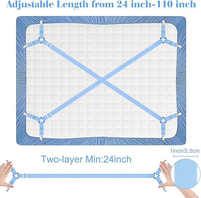 Morcheiong 2 Pack Bed Sheet Fasteners Straps Adjustable Bed Sheet Holder Bands with Sheet Clips for Bedding Stays Bedsheet Tie Downs -Blue