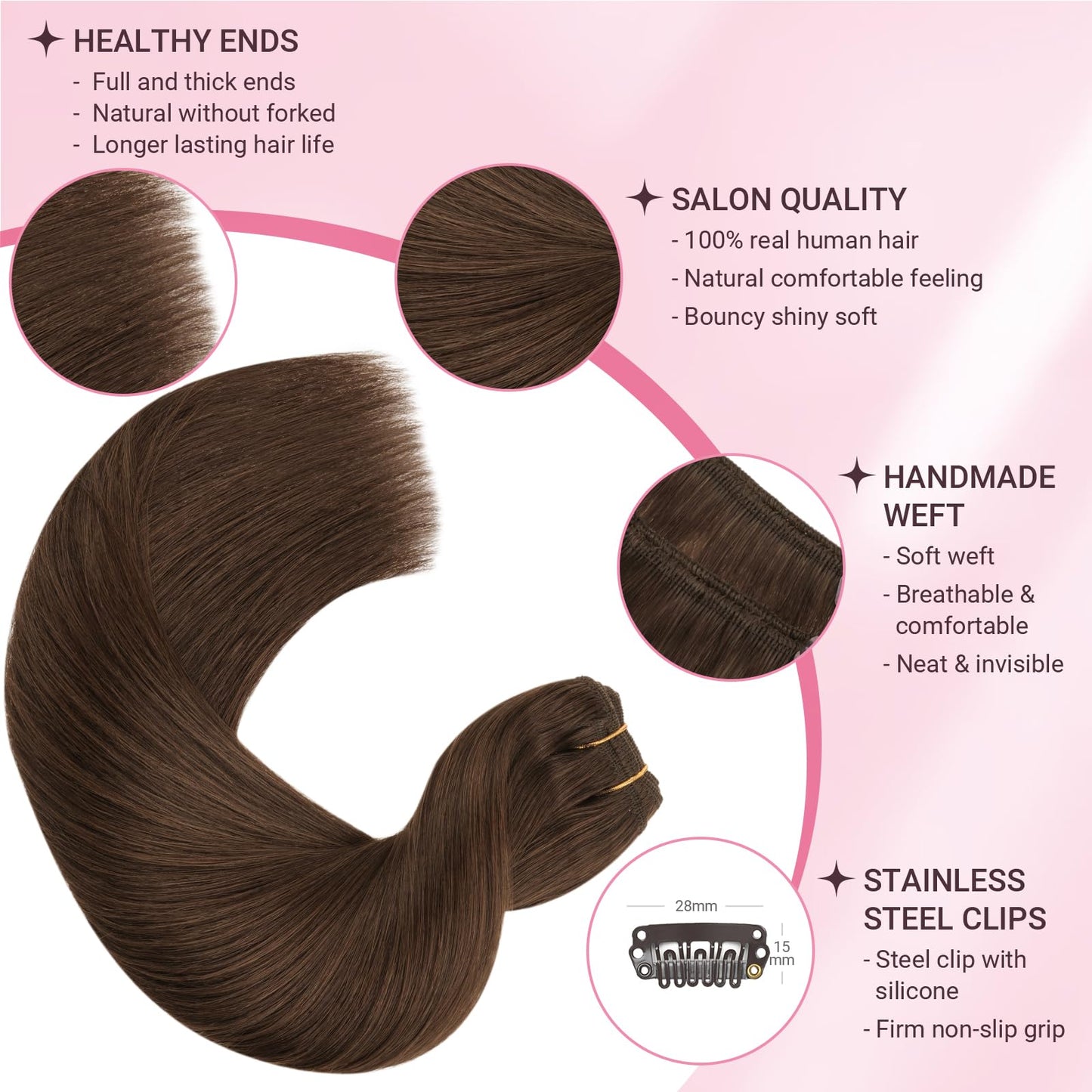 MAXITA Clip in Hair Extensions Real Human Hair, 7 pcs Chocolate Brown 24 Inch 120g, Clip ins Remy Hair Natural Straight Hair for