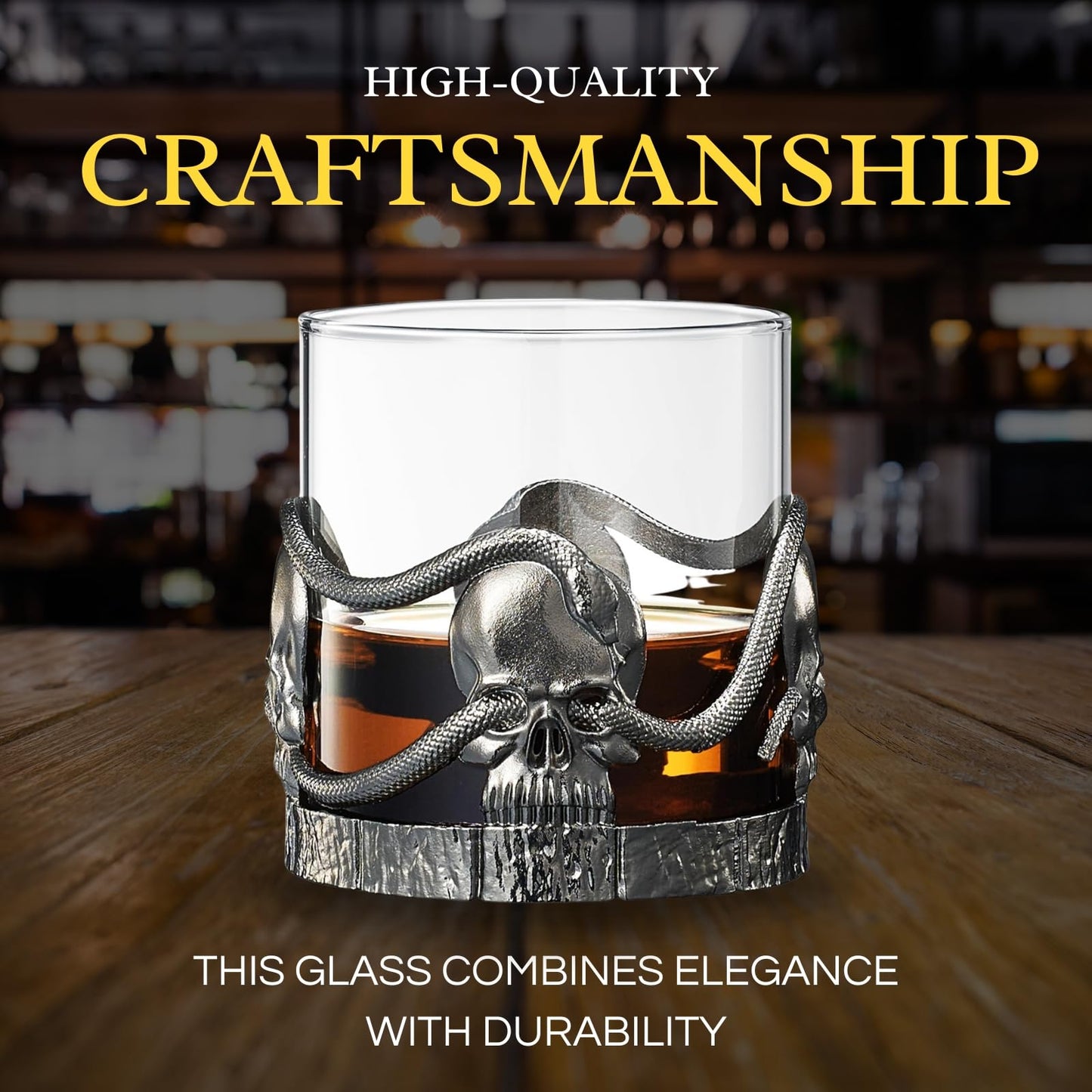 Skull & Snakes Pewter 2x Set Whisky Glasses, Whiskey, Wine, Beer & Water -12.5oz - Water, Rum, Brandy & Scotch, Elegant, Goth Gift Spooky Crystal Cup, Gifts Men & Women, Old Fashioned Skulls Glass