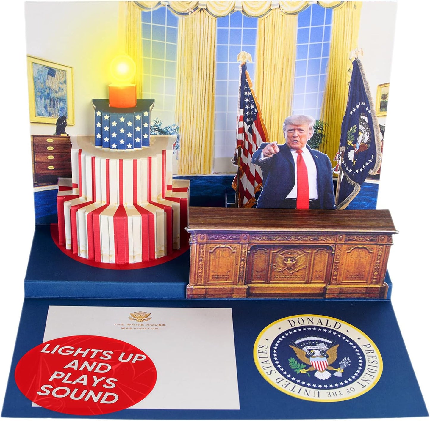 OUR FRIENDLY FOREST Pop Up Birthday Card with Light & Sound Features Real Donald Trump Voice Message for Men and Women, Parents, Couples (Cake)