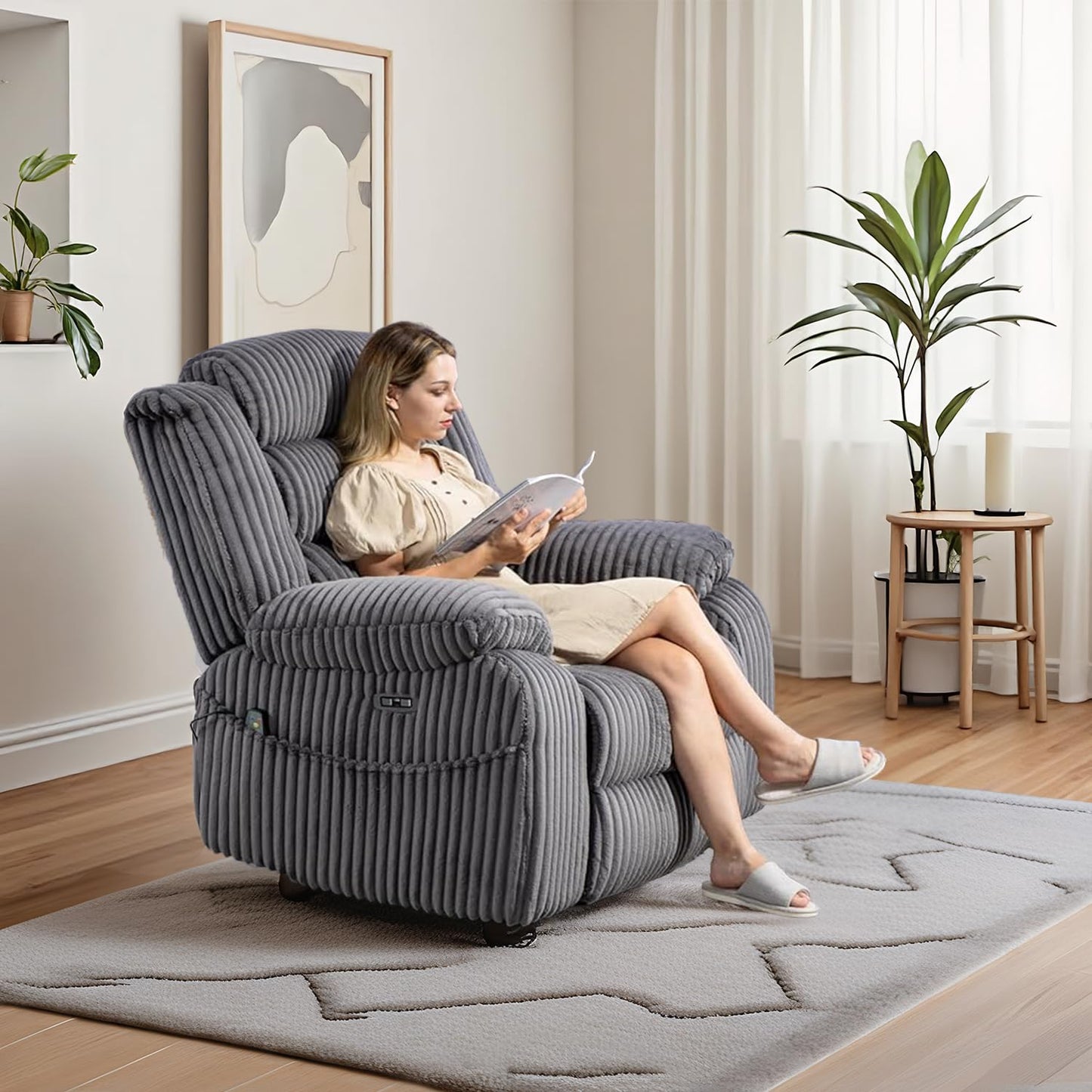 ERYE Power Reclining Chair 270° Swivel Rocker Chair W/Vibration Heat and USB-C Ports,Power Control Recliner Armchair Corduroy Upholstered Nursery Armchair for Living Room Bedroom