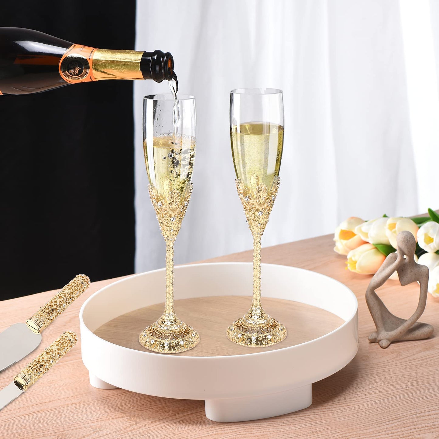 Jozen Gift Champagne Flutes-Set of 2 Champagne glasses, Crystal Glasses&Metal Base, Toasting Flute Pair, Wedding Anniversary, Party,Birthday,Banquets,Gifts for Bride and Groom 6 oz-Gold