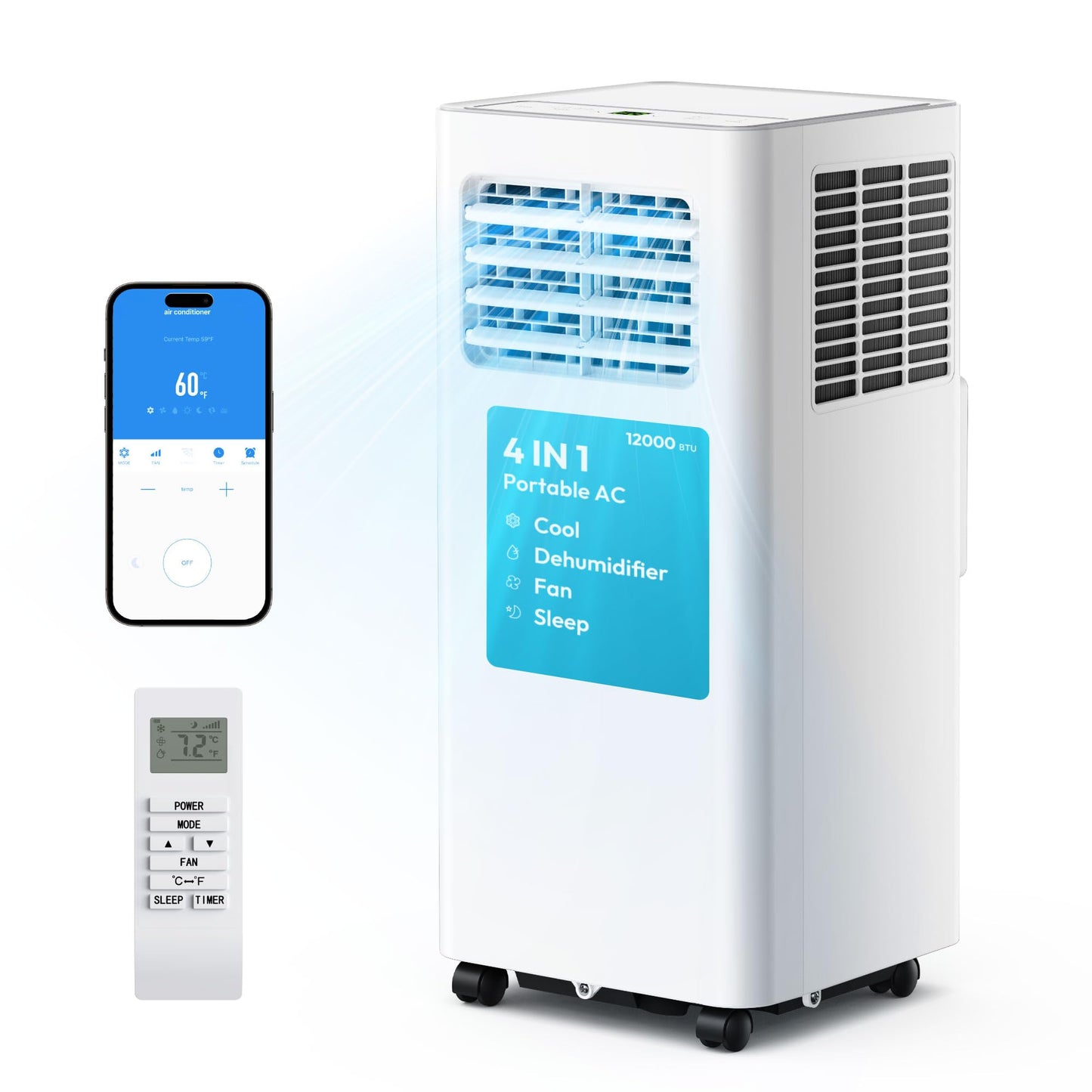 EUHOMY Portable Air Conditioners 12,000 BTU, 4-in-1 Portable Air Conditioner for Rooms Up to 550 Sq.Ft. with Cool, Fan, Dehumidifier, Sleep, Portable AC Unit with Remote & 24H Timer, Installation Kits
