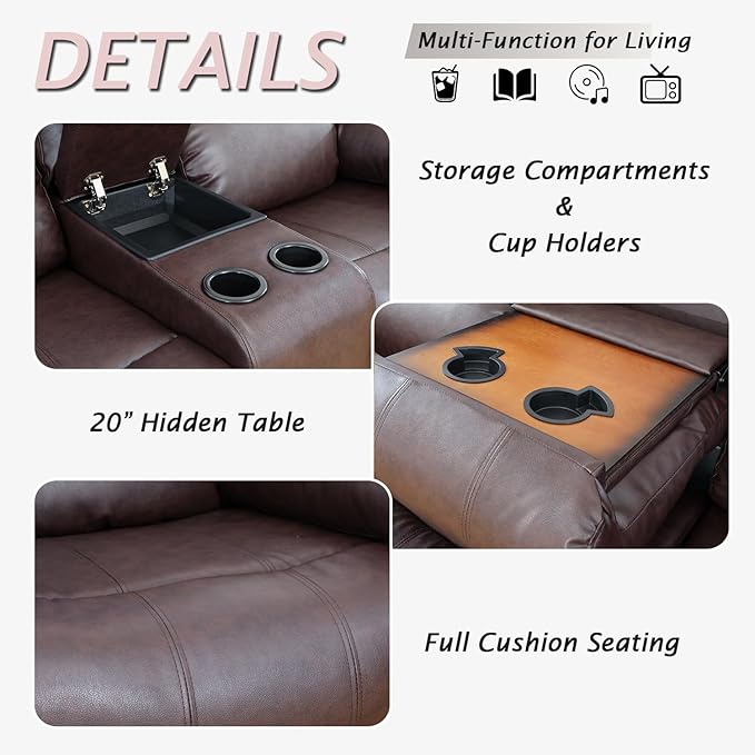 Caberryne Leather Recliner Sofa Set，Leather Reclining Couch for Living Room Furniture Sets，Brown Recliner Couch with 5 Recliners for Living Room/Office/Theater Seating(Sofa Set 3 Pieces)