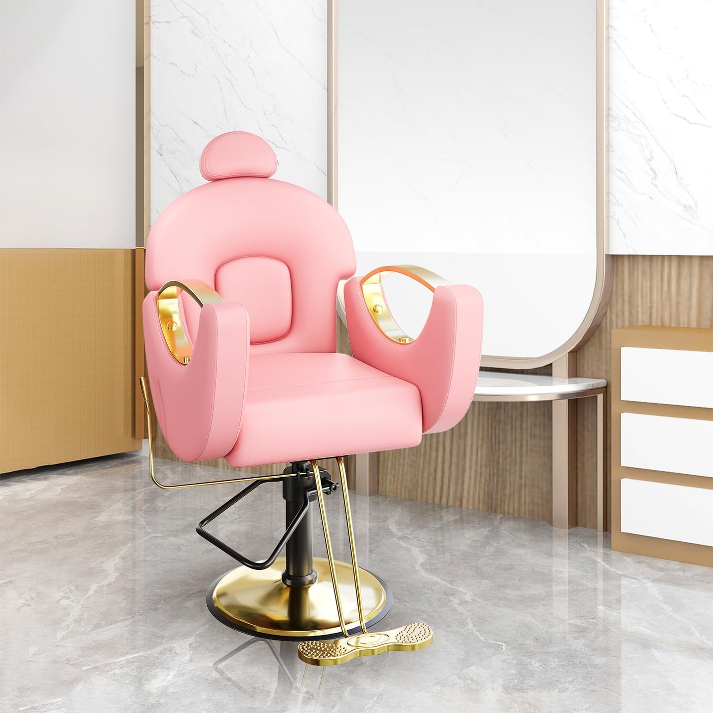 Barber Salon Chair, Reclining Salon Chair with Heavy Duty Hydraulic Pump, 360° Swivel and Height Adjustable, 330 Lbs Capacity Spa Beauty Equipment Hairdresser Armchair for Barbershop- Pink & Gold