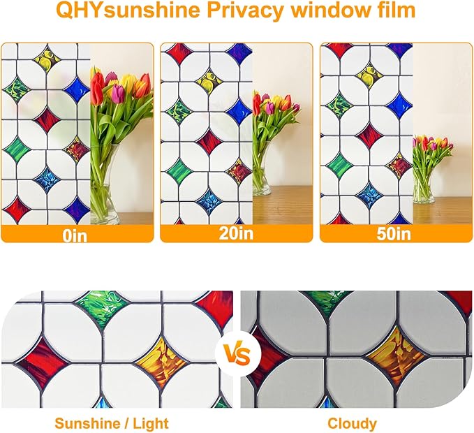 Stained Glass Window Film - Non-Adhesive Colorful Privacy Film | Privacy Protection, Reusable & Renter Friendly | Perfect for Bedroom/Bathroom Room Decor (Frosted Mosaic, 17.5 X 78.7 in)