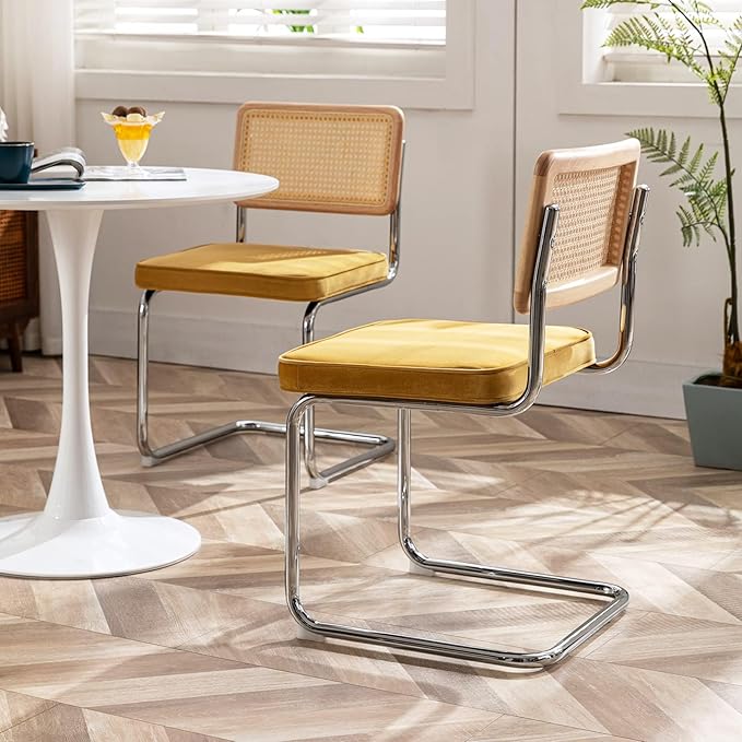 Zesthouse Mid Century Modern Dining Chairs Set of 2, Velvet Accent Chairs with Natural Cane Back & Stainless Chrome Base, Famous Breuer Designed Chairs, Upholstered Rattan Kitchen Chairs