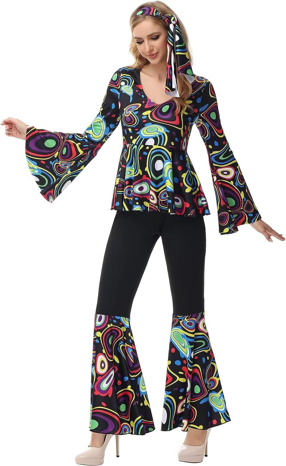 Disco Outfit Women 70s Hippie Costume Disco Top Pants Set Halloween Cosplay Clothes Plus Size Black XL