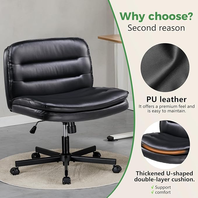 GTRACING Criss Cross Legged Office Chair with Wheels, Extra Wide Armless Comfy Desk Chair for Home Bedroom, 2 Layer Cushion Large Seat & Back Support X-Legged Chair, Black PU Leather Adjustable Height