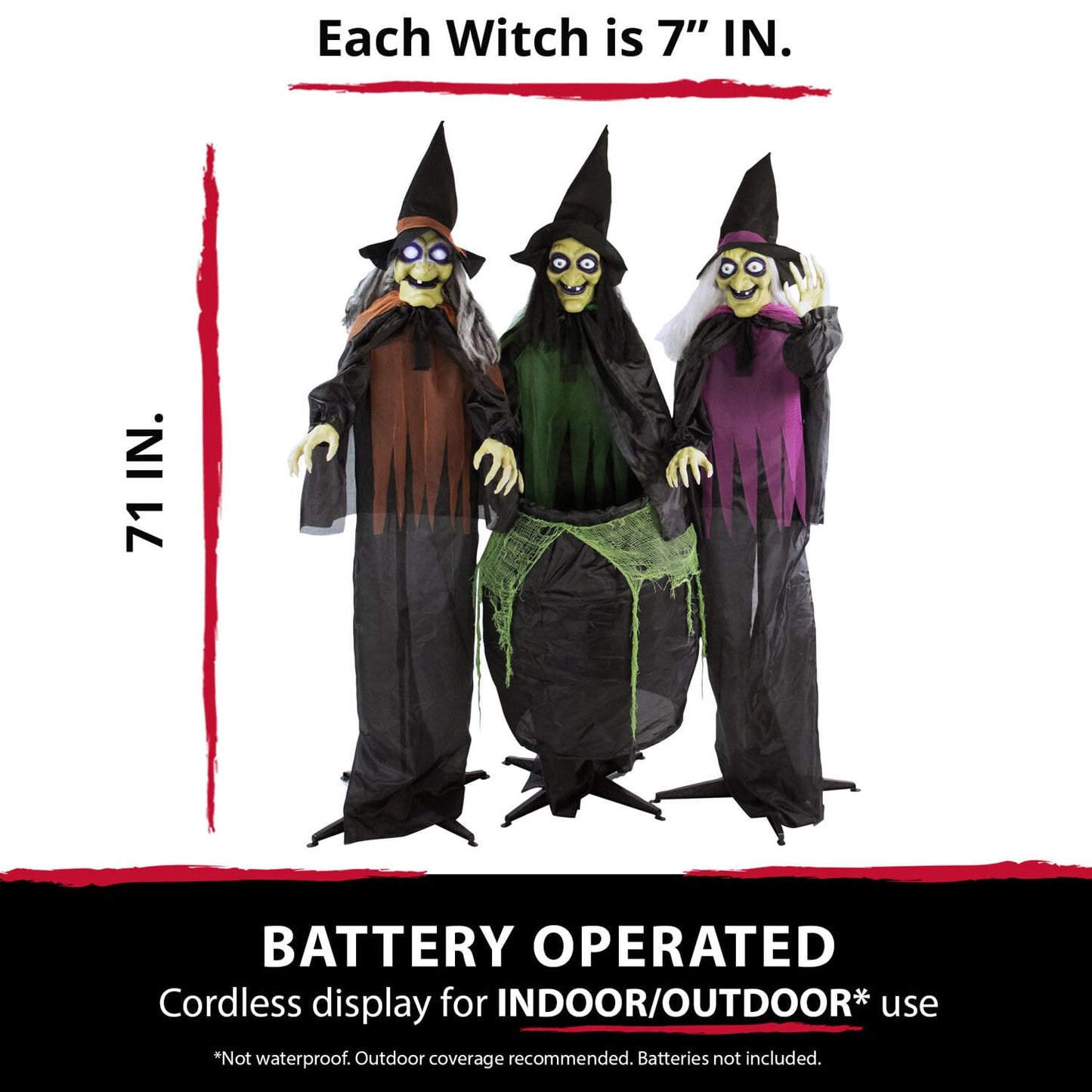 Haunted Hill Farm Life-Size Scary Talking 3 Witches with Cauldron Halloween Animatronic, Indoor or Covered Outdoor Poseable Halloween Decorations with Light up Eyes and Sound, Battery Operated