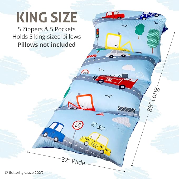 Butterfly Craze Floor Pillow Case - Reading Nook Lounger & Floor Bed - Portable Sleeping Pad for Travel & Camping - 5-Pocket Customizable Design for Ground Cushions - King Size, Cars Blue