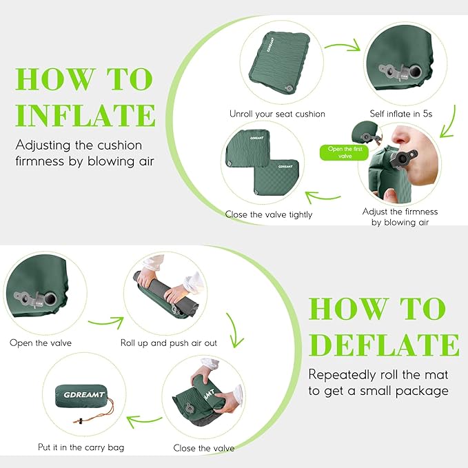 GDREAMT Inflatable Seat Cushion, Self-Inflating Memory Foam Stadium Seats Cushion Lightweight & Compact Chair Sitting Pad Airplane Cushion for Long Flight Travel Outdoor Camping Car Bleachers Office