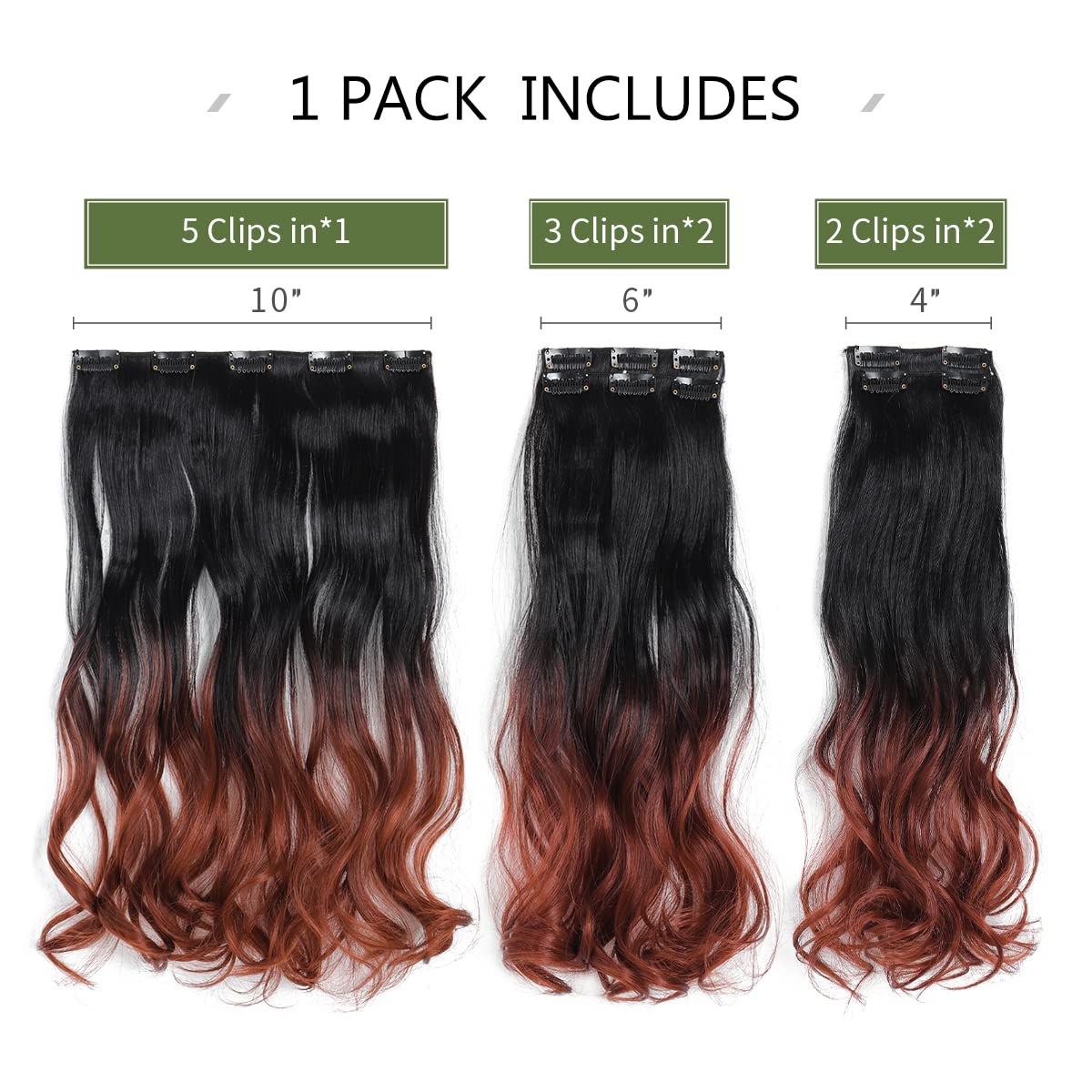 HSPJHTM Hair Extensions Wavy Auburn to Black Clip in Hair Extension for Women Halloween 5 PCS 18 Synthetic Wave Natural Thick Ha