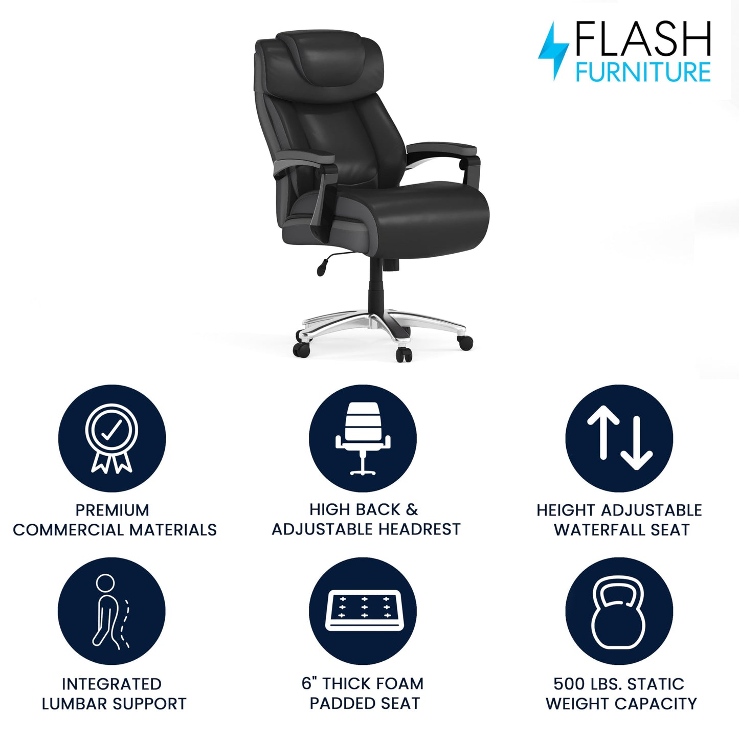 Flash Furniture Hercules Series High-Back Swivel LeatherSoft Office Chair, Ergonomic Executive Chair with Headrest and Adjustable Height, Black