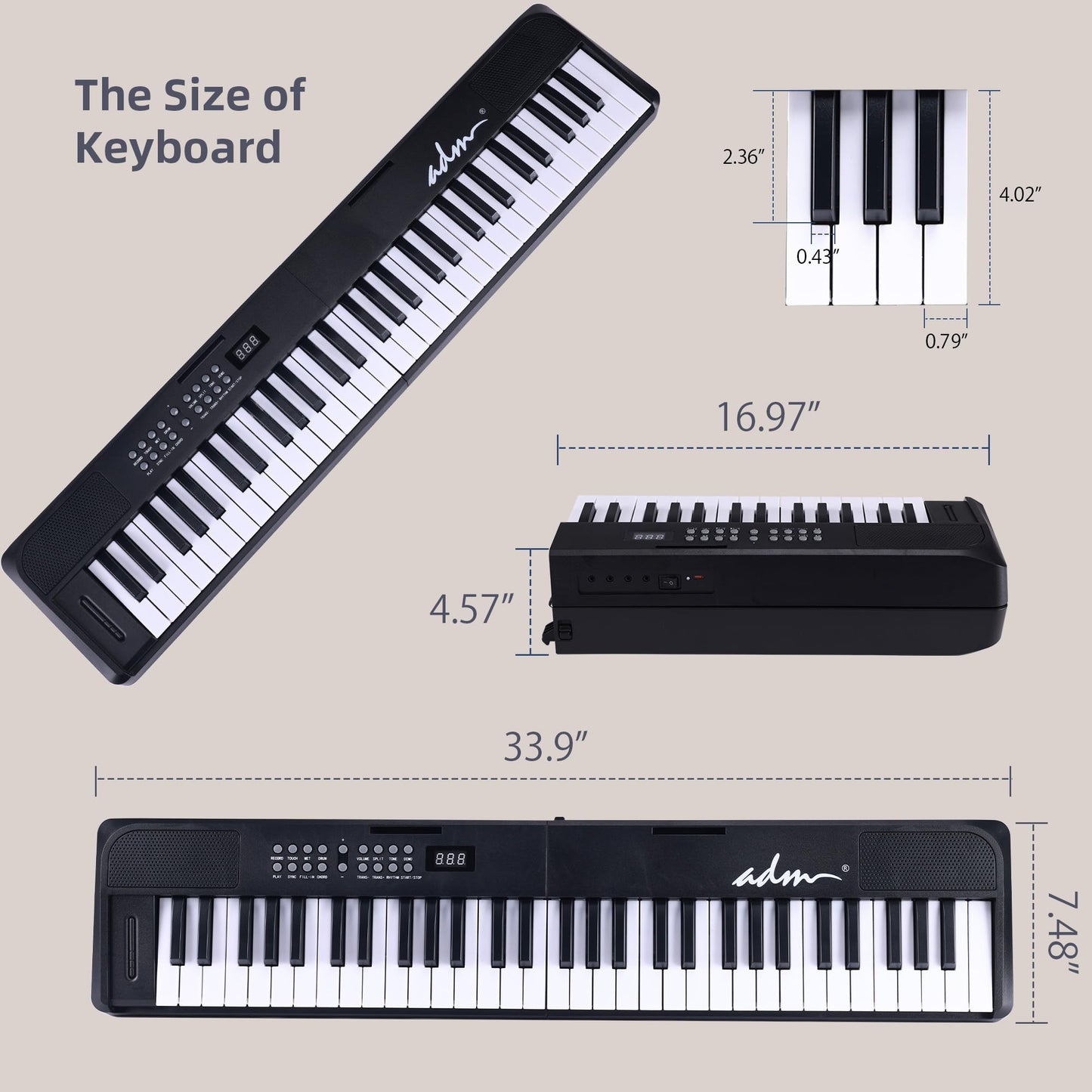 ADM 61 Key Folding Electric Piano Keyboard, Foldable Electronic Keyboard, Wireless 128 Tones, 128 Rhythms Includes Pedal, Gig Bag, Headphones for Beginners, Students, Teenagers, Adults, Black