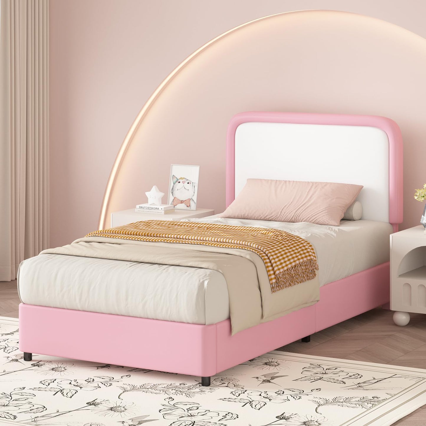 Twin Bed Frame with Headboard, Bed Frame Twin Size with Wood Slats Support, No Box Spring Needed, Easy Assembly, Pink