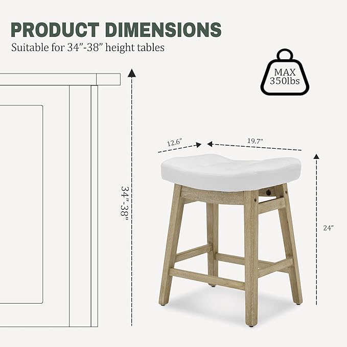 RNKSFX Counter Height White Bar Stools Set of 6 for Kitchen Counter Farmhouse Modern Barstools with Faux Leather Upholstered Backless Seat and Solid Wood Legs 24 inch Bar Chairs, White + Wood Color