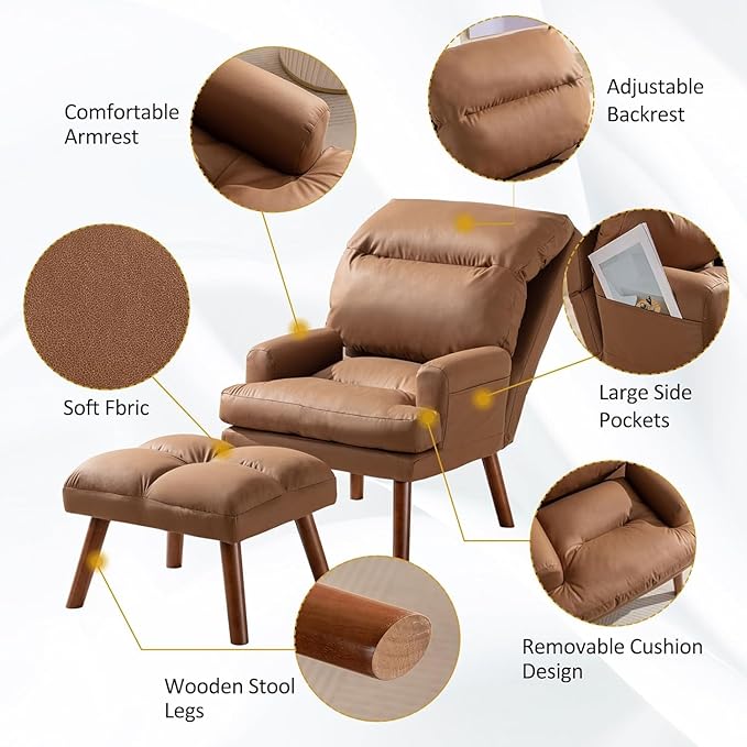 CANMOV Modern Accent Chair with Ottoman Set of 2, Soft Fabric Armchair with Adjustable Backrest and Side Pockets, Comfy Lounge Chair for Living Room, Bedroom, Apartment, Office, Camel