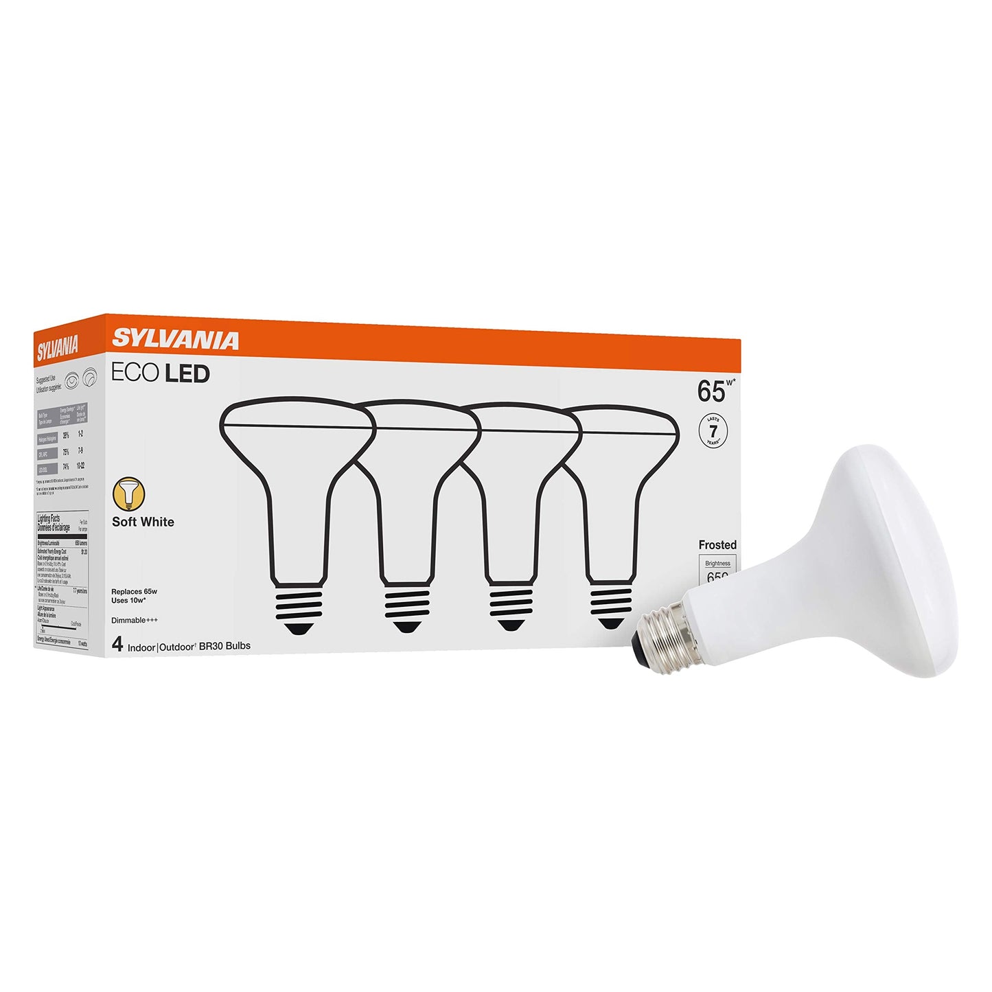 Sylvania ECO LED BR30 Light Bulb, 65W = 10W, Dimmable, Frosted Finish, 650 Lumens, 2700K, Soft White - 4 Pack (40870)