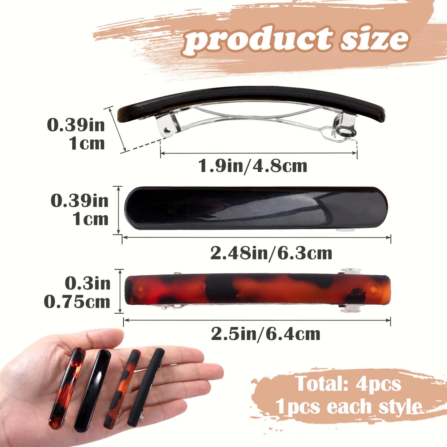 STSTR 4PCS French Barrette Hair Clips for Women, 2 Styles Small Tortoise Shell Hair Clip, Curved Glossy/Frosted Thin Hair Flat H