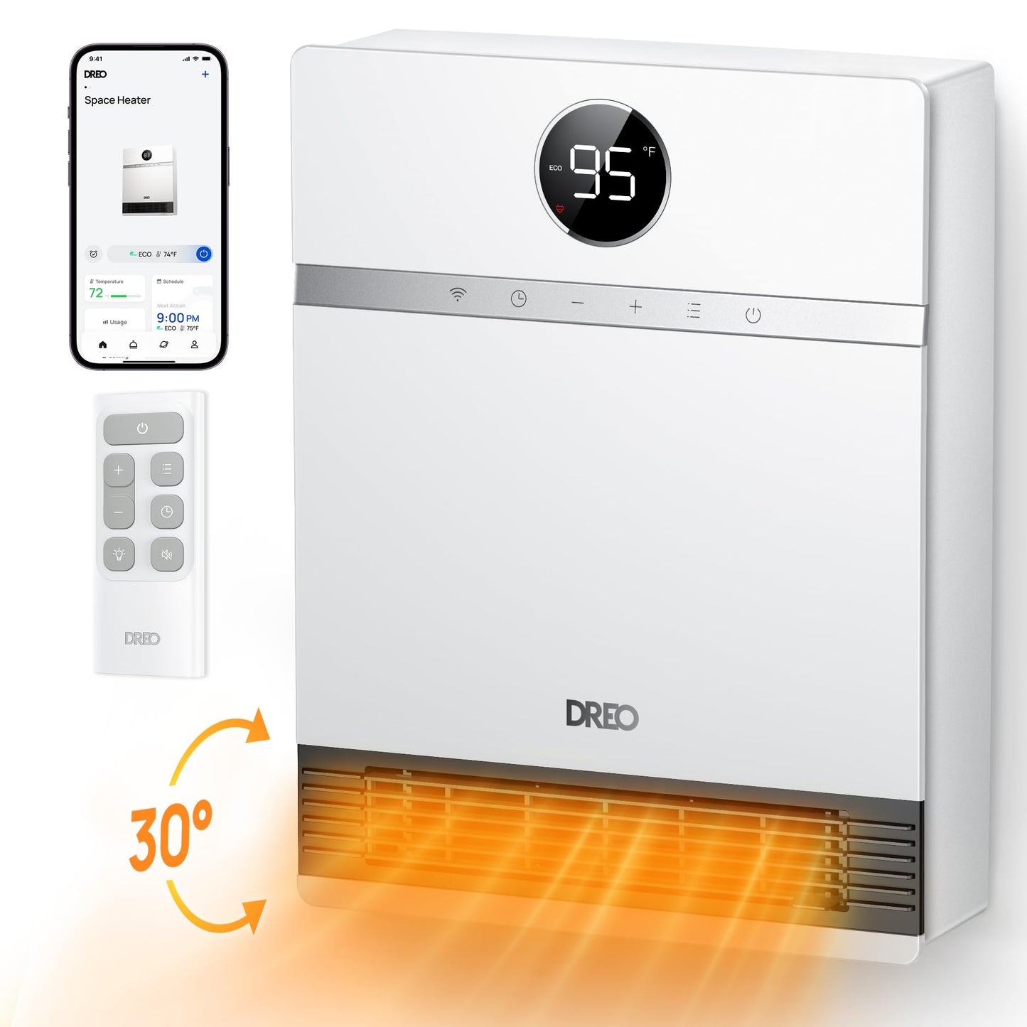 Dreo Smart Wall Heater, Ip24 Electric Ptc Space Heaters For Indoor Use, 30 Oscillation, Adjustable Thermostat, Remote Control, W