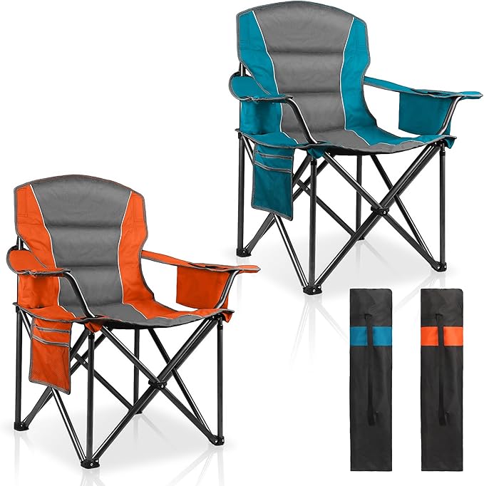 LANMOUNTAIN 2 Pack Padded Oversized Camping Chairs for Adults,Heavy Duty Support 400 Lbs,Folding Portable Lawn Chair w/Cup Holder,Cooler Bag,Side Pocket,Perfect for Outdoor Picnic,Hiking(Orange&Blue)