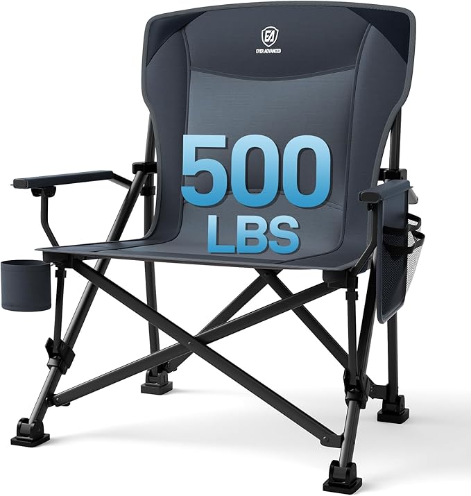 EVER ADVANCED Oversized Folding Camping Chair, for Adults Heavy Duty Lawn Chair with Side Pockets, Portable Collapsible Qu...