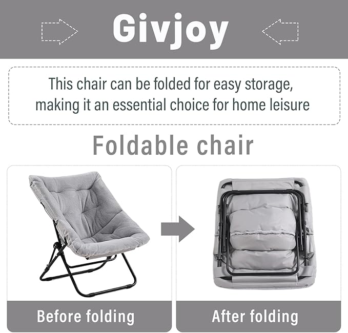 Givjoy Comfy Folded Chair, Soft Faux Fur Oversized Folding Accent Chair, Flexible Lounge Lazy Chair for Adults Kids, Metal Frame Moon Chair for Dorm Room, Bedroom, Living Room