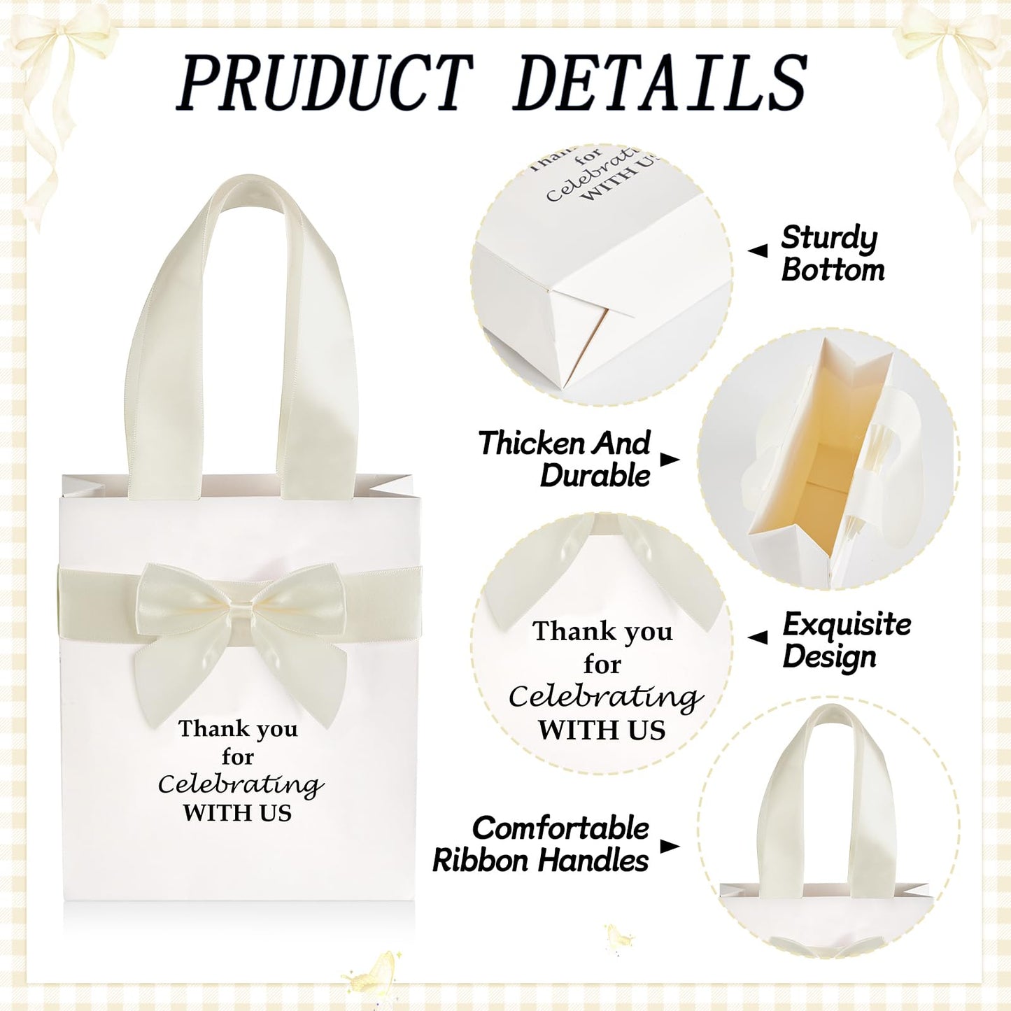 50 Pcs Wedding Gift Bags Bulk with Bow Ribbon Handles 6.2x7.2x2.5 Inch Wedding Favor Bag Thank You Gift Bags for Party Favor Bridesmaid Bags Bridal Shower Baby Shower Birthday Supplies(Beige)