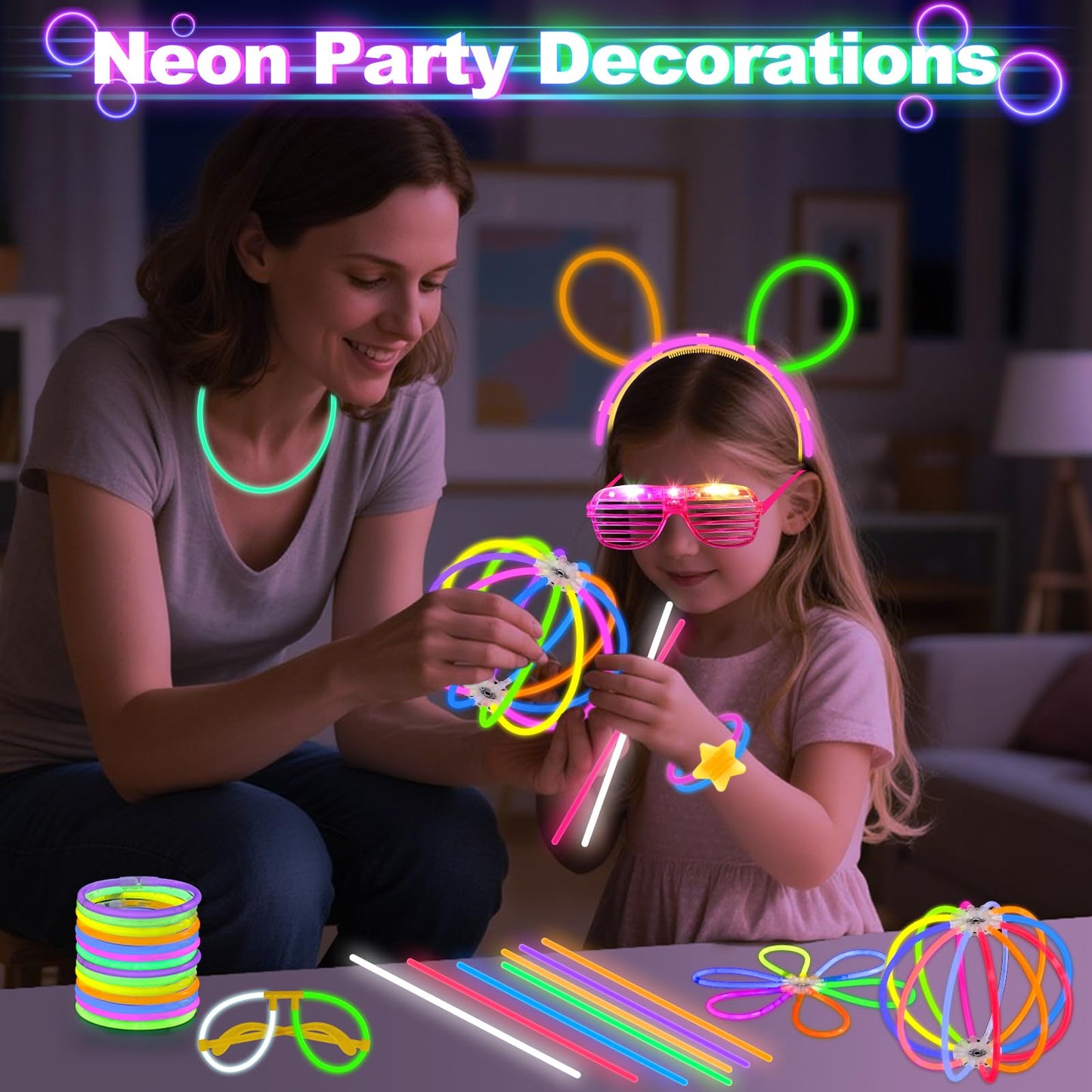Glow in the Dark Party Supplies for Kids Adults, 128PCS Light Up Party Favors with LED Glasses, LED Hair Clips,Finger Lights, Rings, Glow Sticks, Neon Bracelets Headbands Molds for Halloween Raves