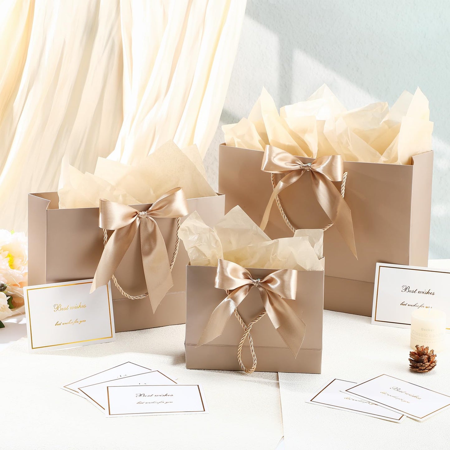 Maitys 10 Set Paper Gift Bags Assorted Sizes with Ribbon, Greeting Card Tissue Paper (3 Large 12.6", 3 Medium 11", 4 Small 7.5") Luxury Gift Bags for Anniversary Presents Wedding Bridesmaid Birthday