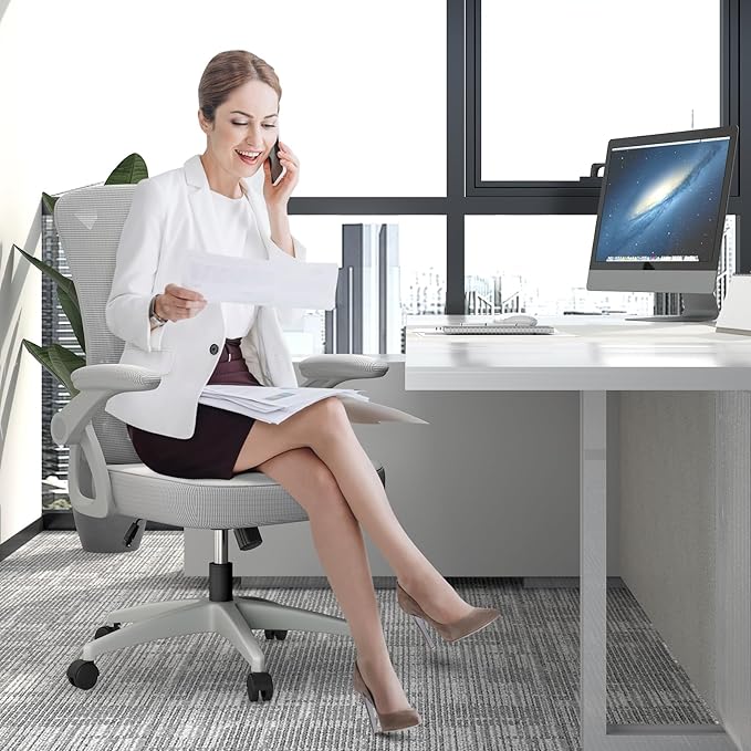 naspaluro Ergonomic Office Chair, Mid Back Desk Chairs with Adjustable Height, Swivel Chair with Flip-Up Arms and Lumbar Support, Breathable Mesh Computer Chair for Home/Study/Working, Grey
