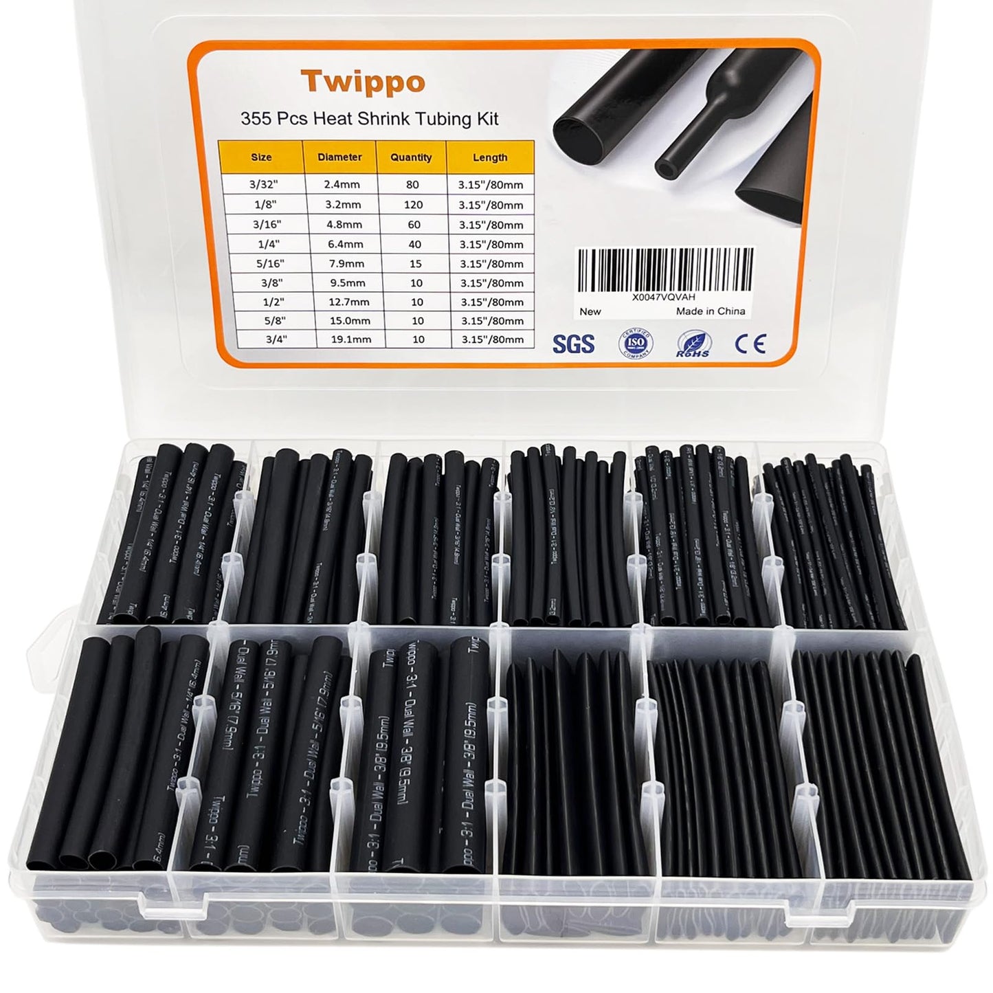 Twippo Heat Shrink Tubing Kit 355pcs - 3:1 Dual Wall Adhesive Lined - Electrical Waterproof Industrial Heat-Shrink Tubing Terminals- Marine Grade Wire Connector Shrink Wrap Tube - 3.15" Length - Black