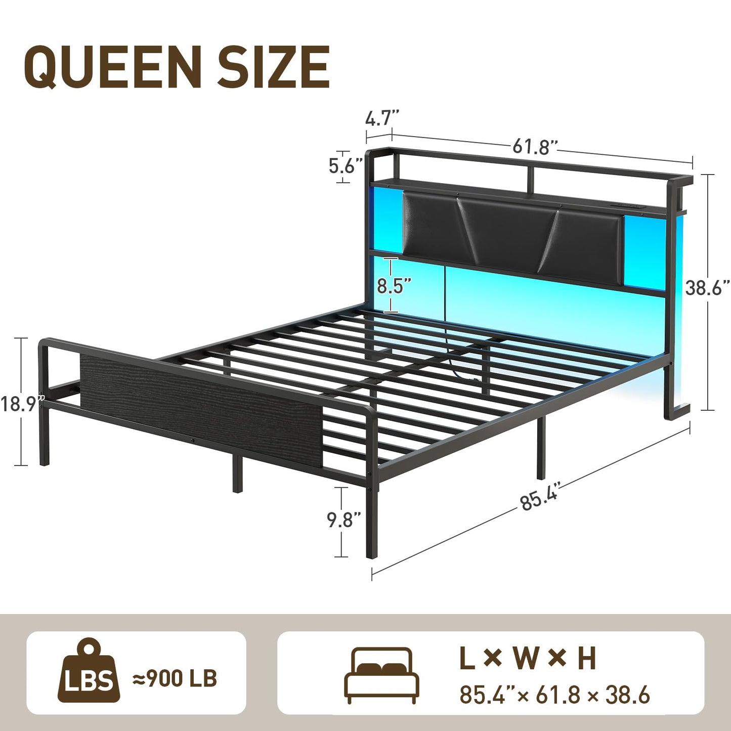RALGEND Queen Bed Frame with Upholstered Headboard, LED Bed Frame with Charging Station, Metal Platform Bed with Under Bed Storage, No Box Spring Needed, Noise Free, Easy Assembly, Black