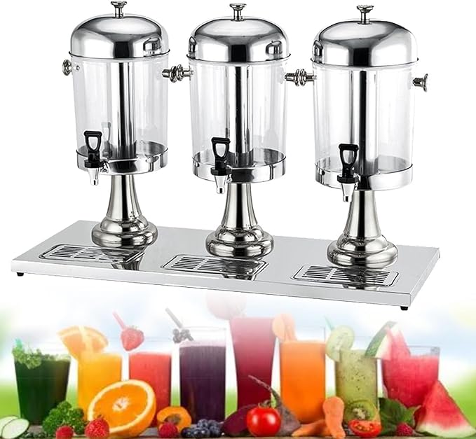 XQZMZSCP Three Head Juice Dispenser, 24L Stainless Steel Commercial Clear Glass Drinks Dispenser Container with Ice Contai...