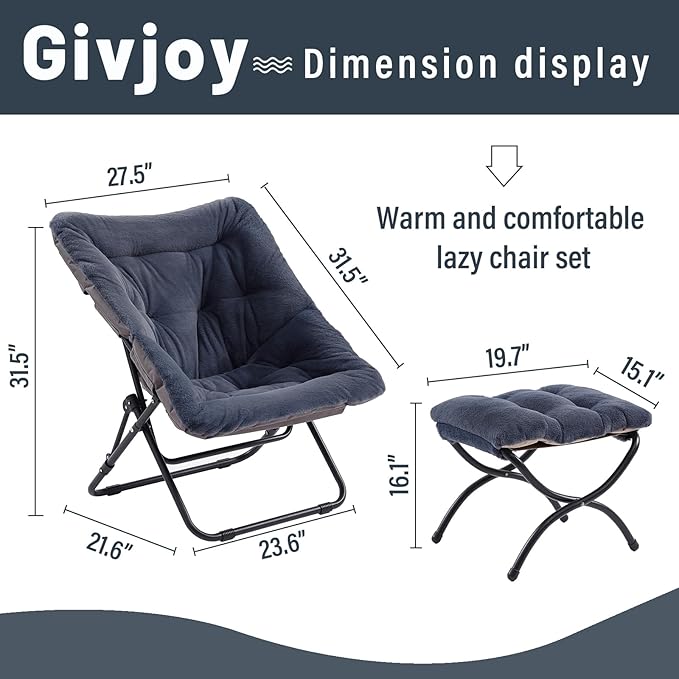 Givjoy Comfy Folded Chair with Ottoman, Oversized Folding Faux Fur Chair Soft Furry Lounge Lazy Chair with Metal Frame Moon Chair Accent Chair for Bedroom, Living Room, Dorm Rooms