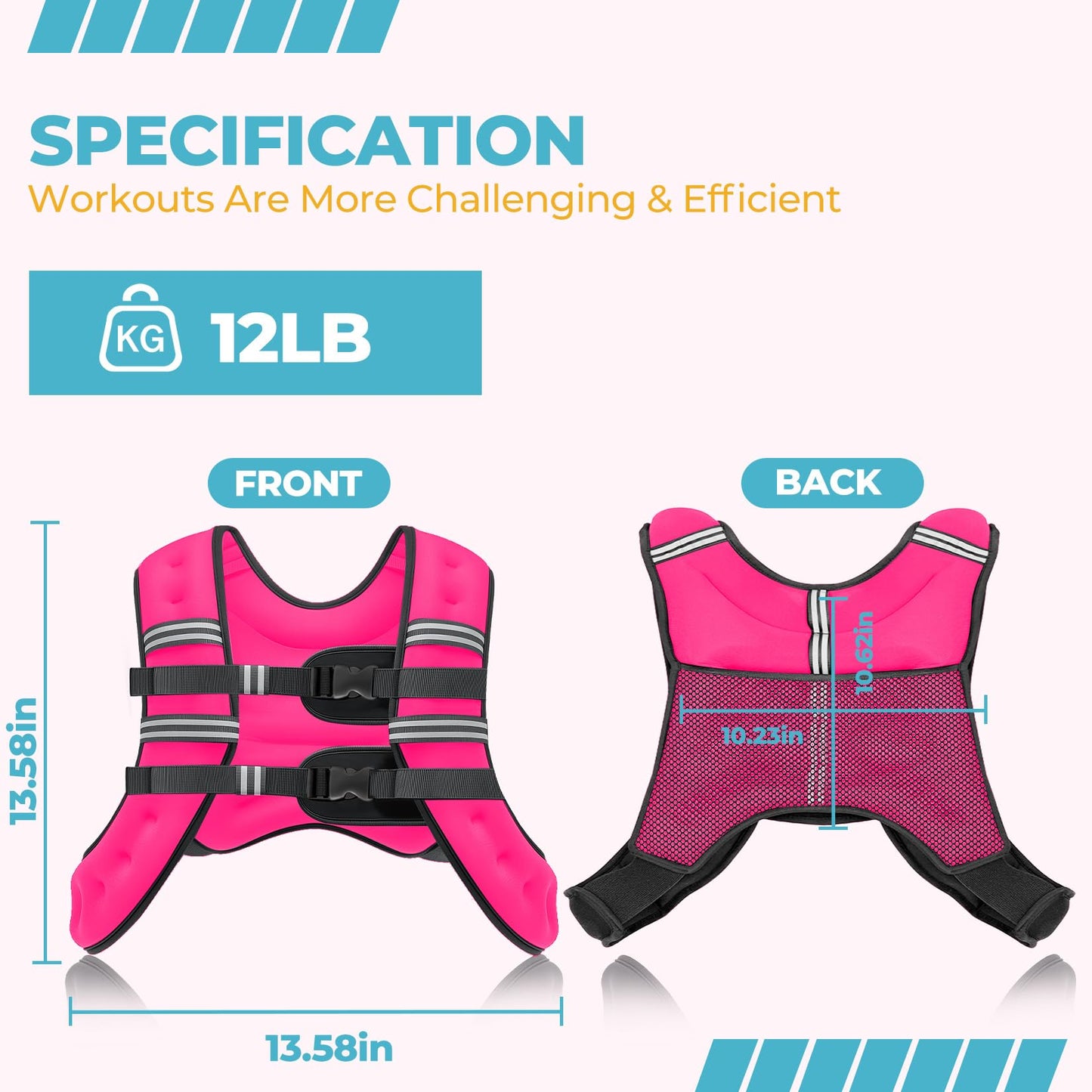 Weighted Vest, 8lb/12lb/16lb/20lb Weight Vest with Reflective Stripes for Men Women, Two Adjustment Straps for Workout, Strength Training, Running, Fitness, Muscle Building, Weight Loss (12lb)