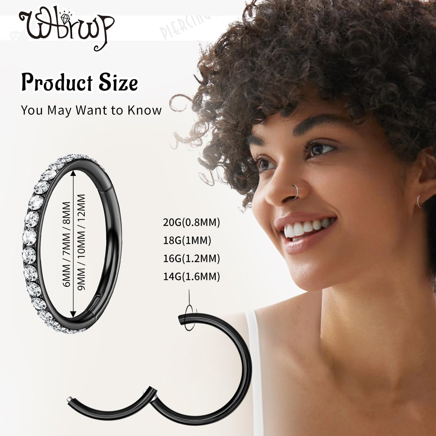 WBRWP 316L Surgical-Steel Hinged Nose Rings Hoop with Zircon 18G(1.0mm) Women and Men Body Pierecing Ring Septum Clicker Helix H