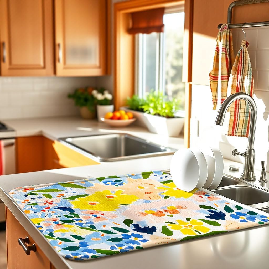 Blue and Yellow Floral Large Dish Drying Mats, Reversible Dish Drying Pads for Kitchen Counter Foldable and Stored in a Drawer,18"x24" Extra Large Draining Mat Protect for Kitchen,Bar Counter