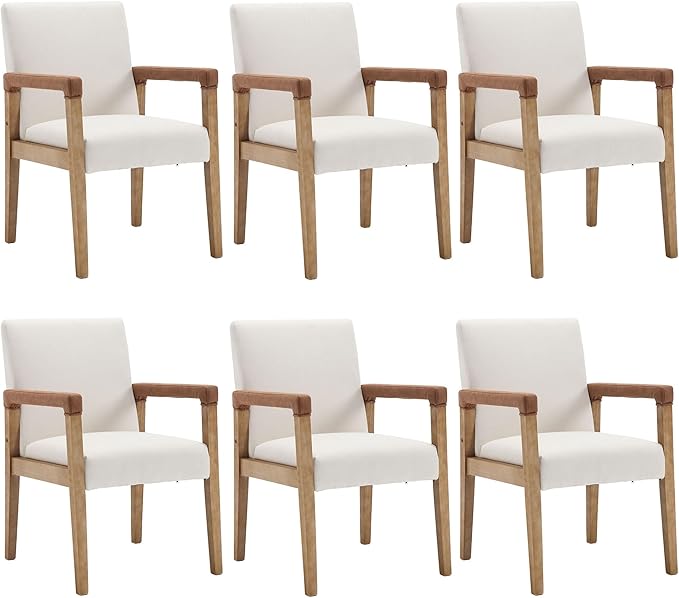 DM Furniture Mid Century Modern Dining Chairs Set of 6 Linen Fabric Upholstered Accent Chairs Comfy Kitchen Chairs with Solid Wood Frame Armchair for Living Room, Ivory