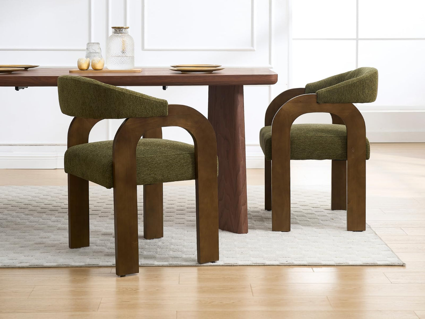DAYALANE Farmhouse Dining Chairs Set of 2 - Upholstered Armchairs with Chenille Cushions & Curved Wooden Arms, Barrel Wood Kitchen Chairs for Dining Room/Cafe/Kitchen Island (Sage Green)