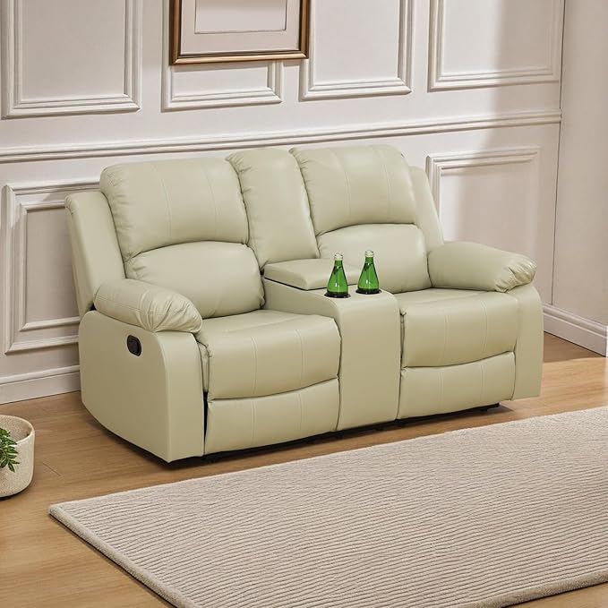 Caberryne Leather Recliner Sofa，Reclining Loveseat for Living Room Furniture Sets, Beige Double Recliner Loveseat for Living Room/Office/Theater Seating/Rv(2 Seater Couch)
