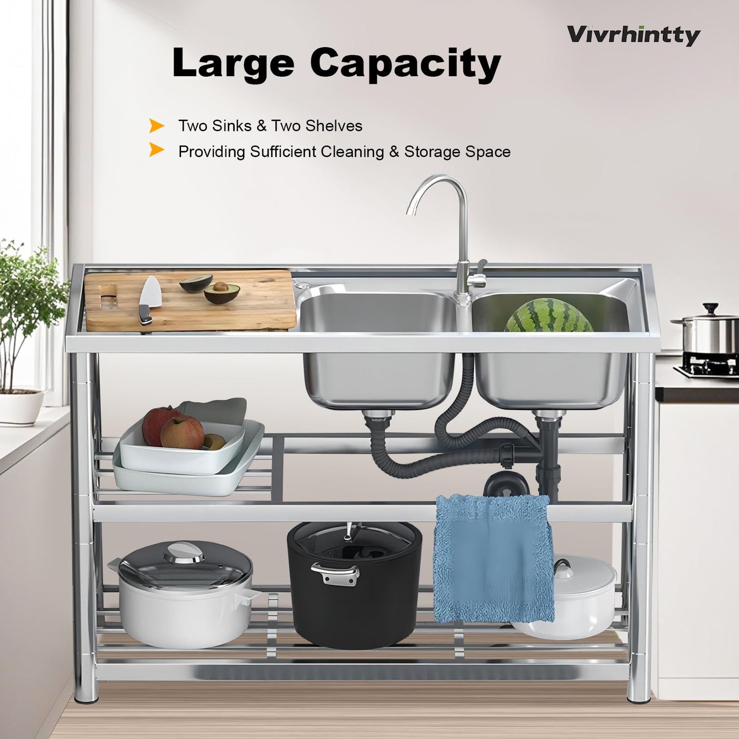 Vivrhintty 304 Stainless Steel Utility Sink, Free Standing Double Bowl Kitchen Sink, Suit for Commercial,Restaurant, Indoor & Outdoor (47 inch)