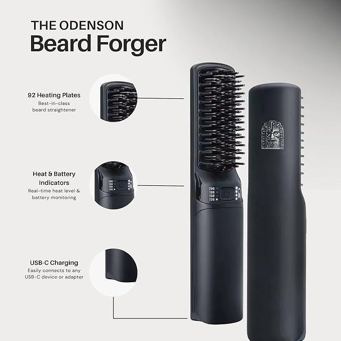 Odenson Beard Forger - Ultimate Tool, Cordless Heated Brush and Straightener for Beard and Hair, Heated Comb for Beard Styling and Care