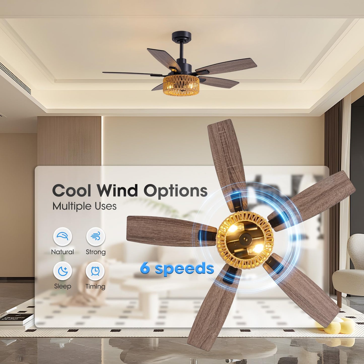 Luminfan 46 Inch Boho Black Rattan Ceiling Fans With Lights And Remote Control, Farmhouse Caged Rattan Ceiling Fan For Dining Ro