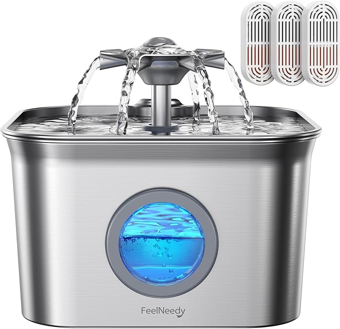 Stainless Steel Cat Water Fountain, 2.8L with 20dB Ultra-Quiet Pump- Ideal for Timid Pets, LED Water Level Window, Dishwas...